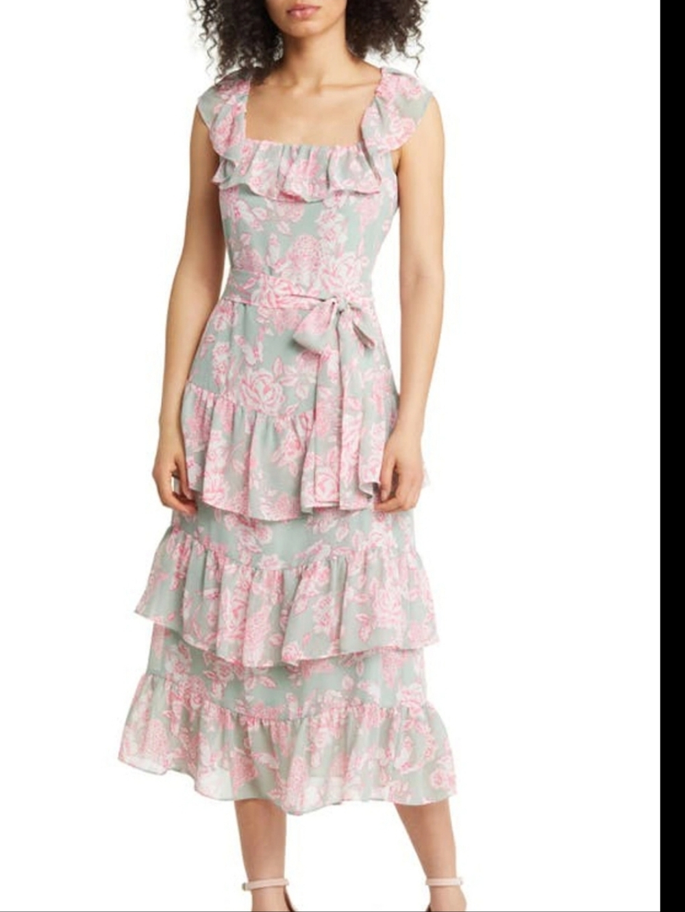 Eliza J Mint Pink Floral Print Tier Ruffle Kentucky Derby Dress Midi  Size 16 - Picture 8 of 8